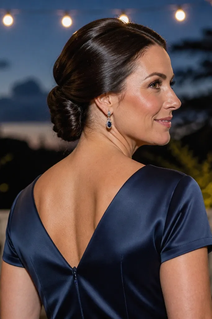 Short hair with a sleek low twist pinned at the nape