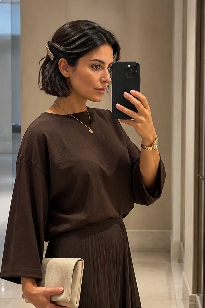 Chin-length bob with a twisted side knot pinned near the ear
