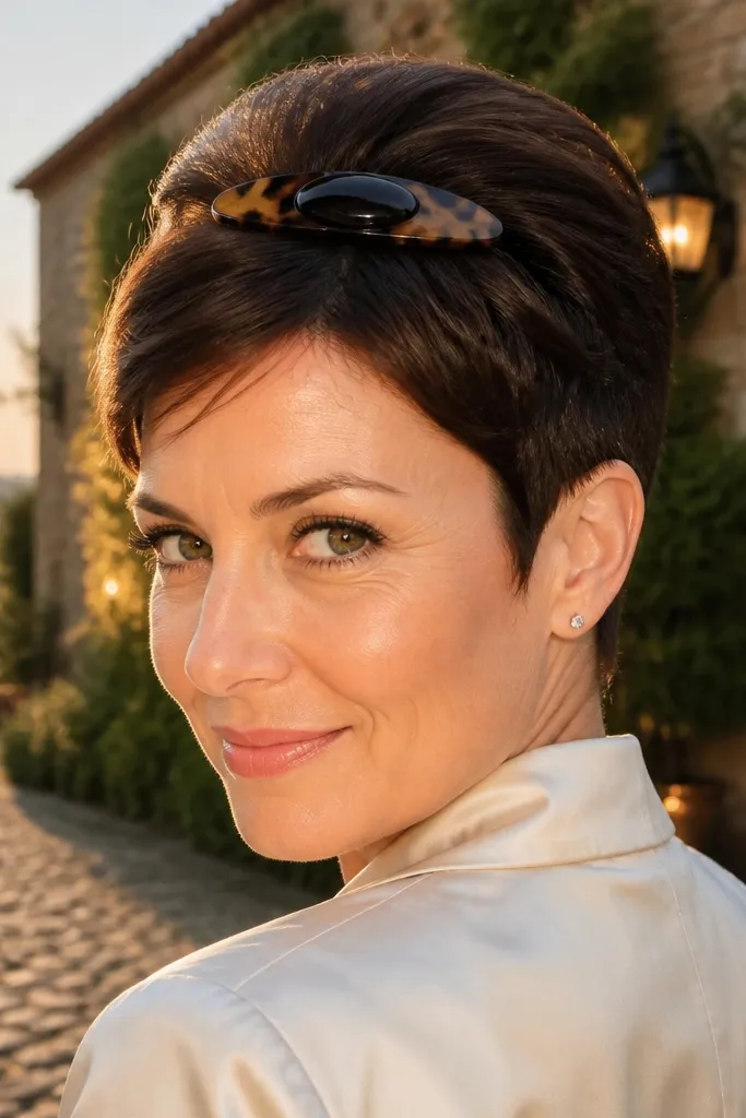Pixie with crown volume and a decorative barrette across the top