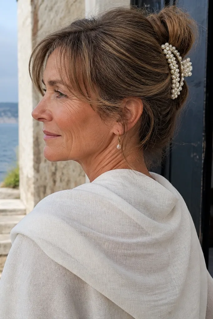Short tousled hair with a pearl claw clip at the back