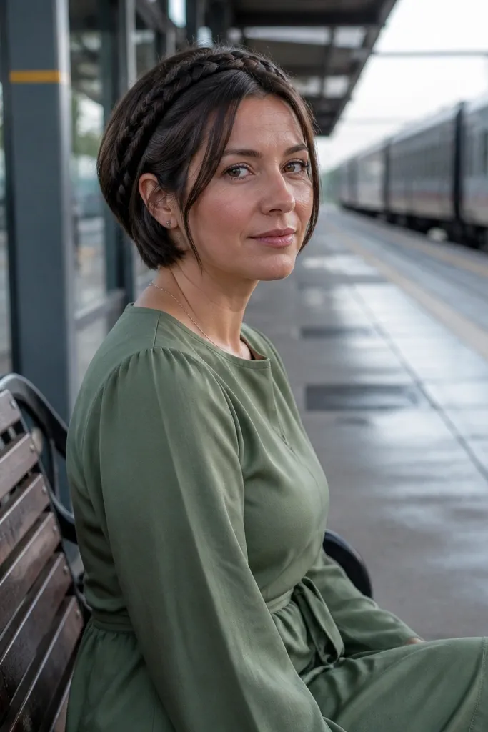 Short hair with a micro braid crown and loose side pieces framing the face