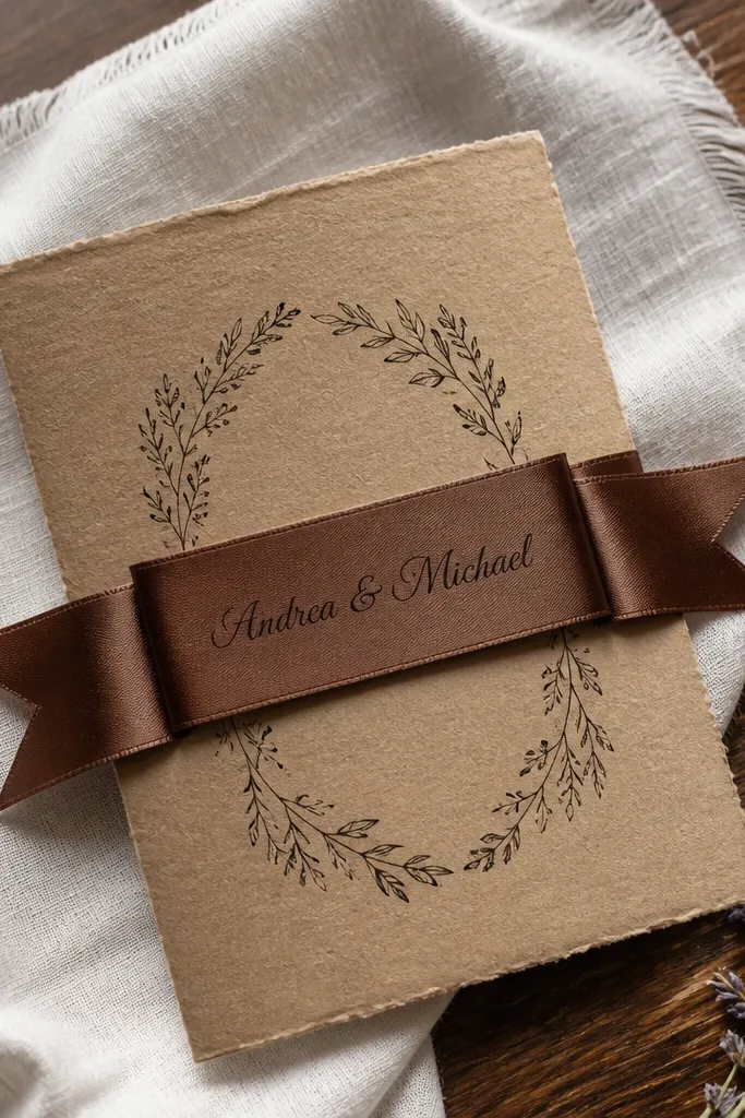 Kraft invitation with a dark brown ribbon banner and warm script text
