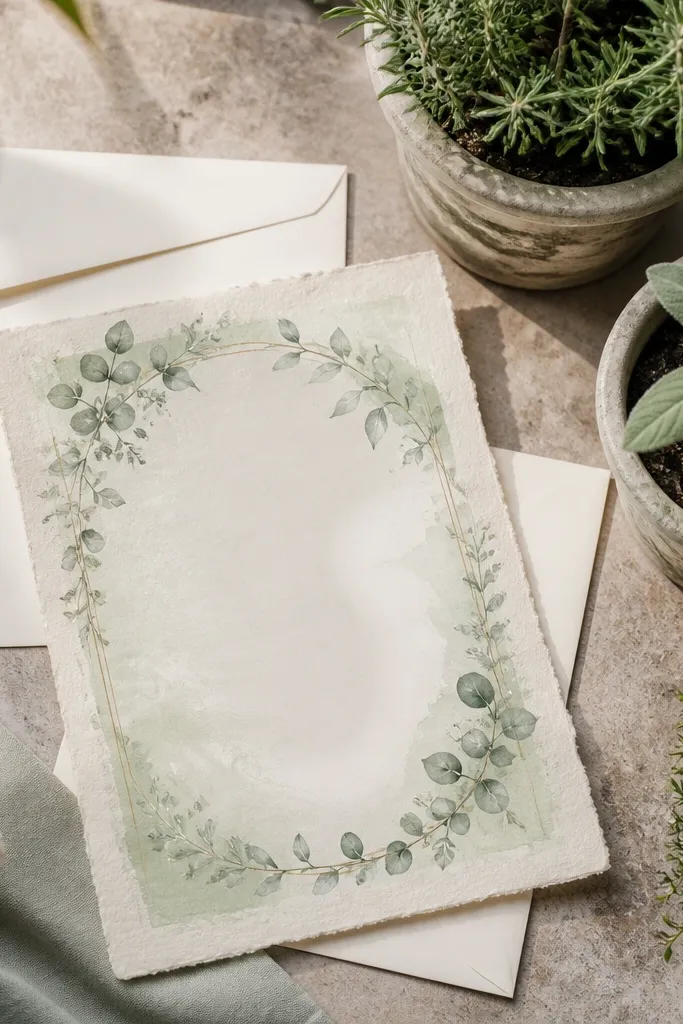 Cream invitation with a sage botanical border and deckled paper edge