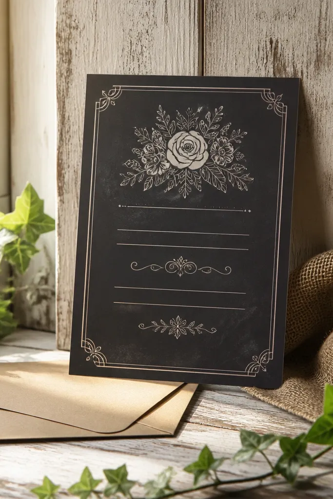 Dark green chalkboard invitation with cream text and a small rustic border
