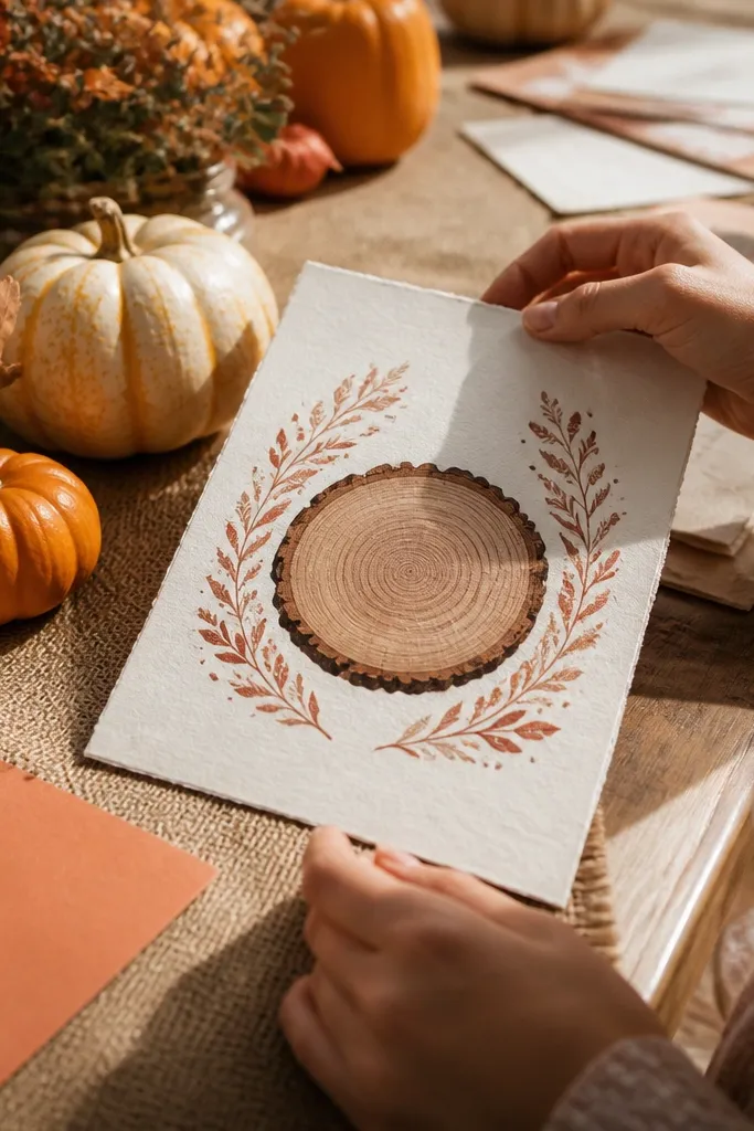 Kraft invitation with a wood-slice monogram circle and terracotta details