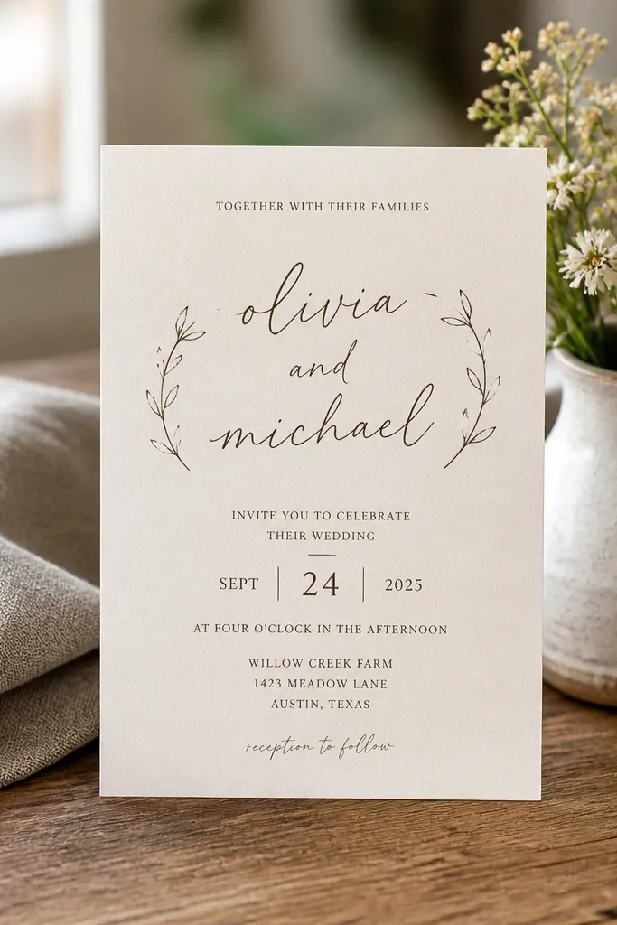 Warm white invitation with rustic script names and a centered date in serif