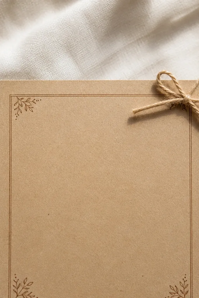 Kraft invitation with a small twine bow at the corner and minimal border line