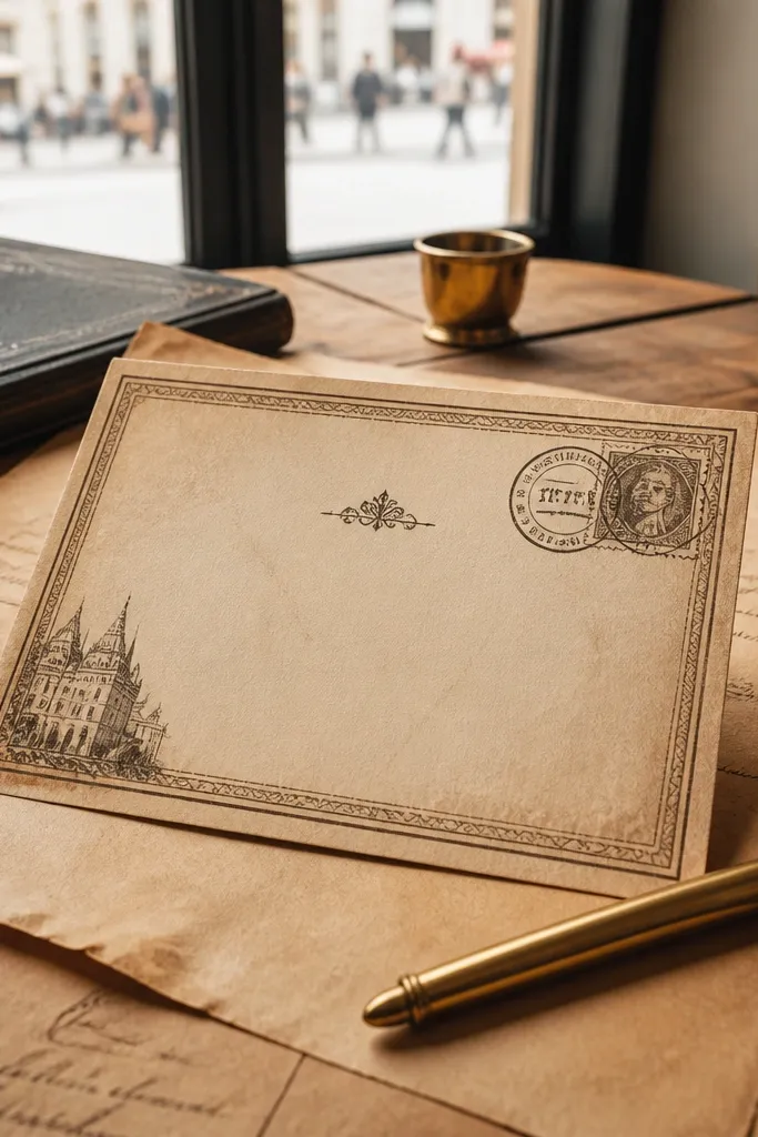 Cream invitation with a vintage postmark stamp frame in sepia ink