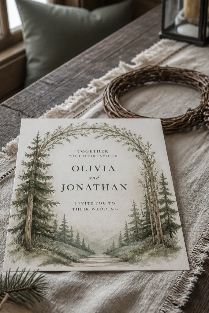 Cream invitation with watercolor greenery arches and deep green text