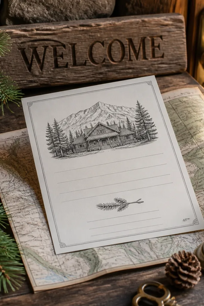 Natural paper invitation with cabin map lines and charcoal text