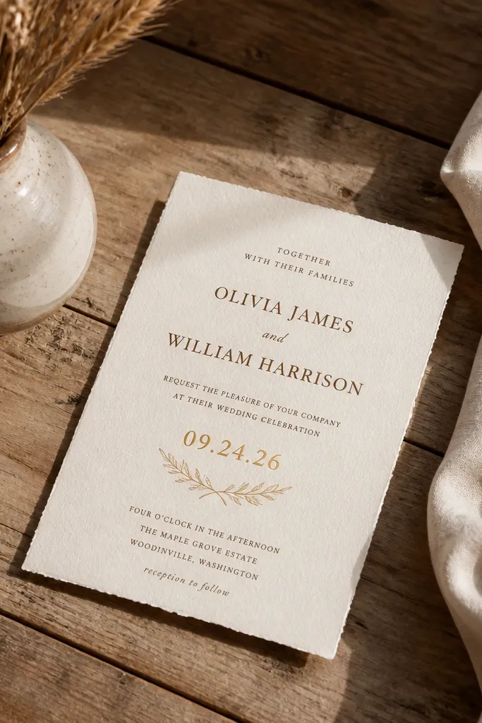 Linen-textured invitation with soft gold date lettering and brown text