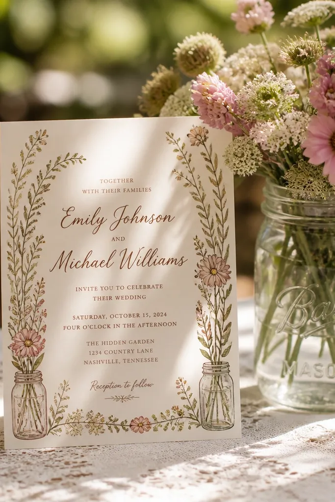 Warm white invitation with a mason jar floral border and brown script names