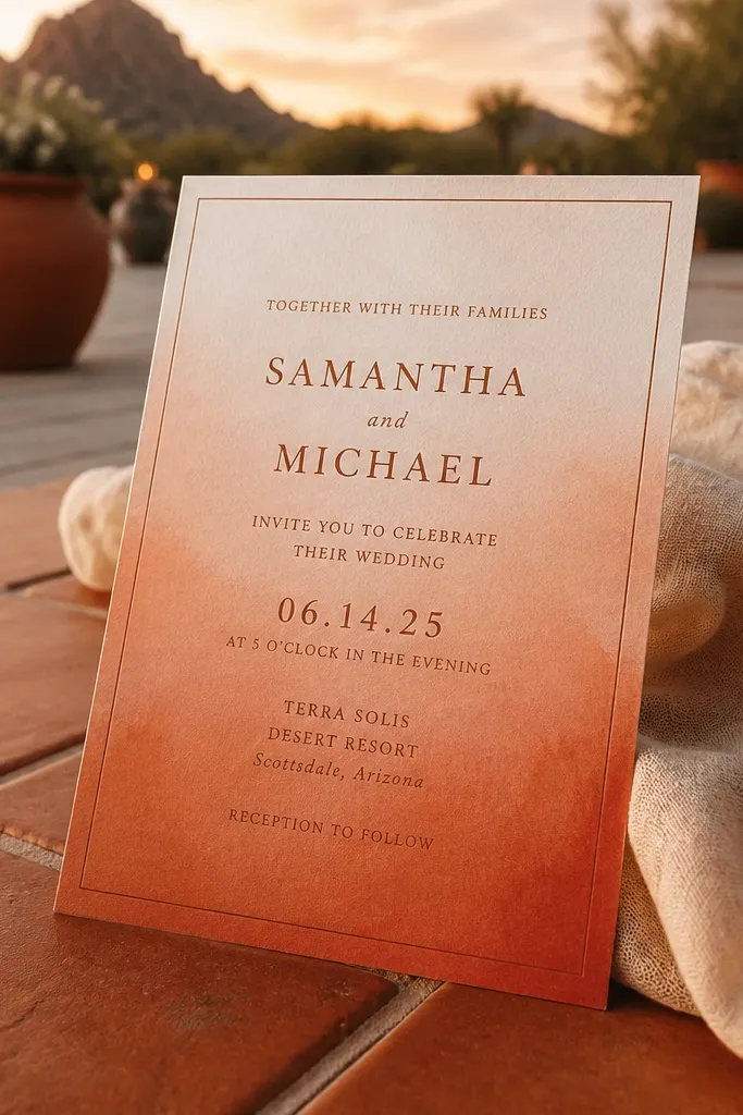 Terracotta ombré invitation with a thin frame and dark brown text