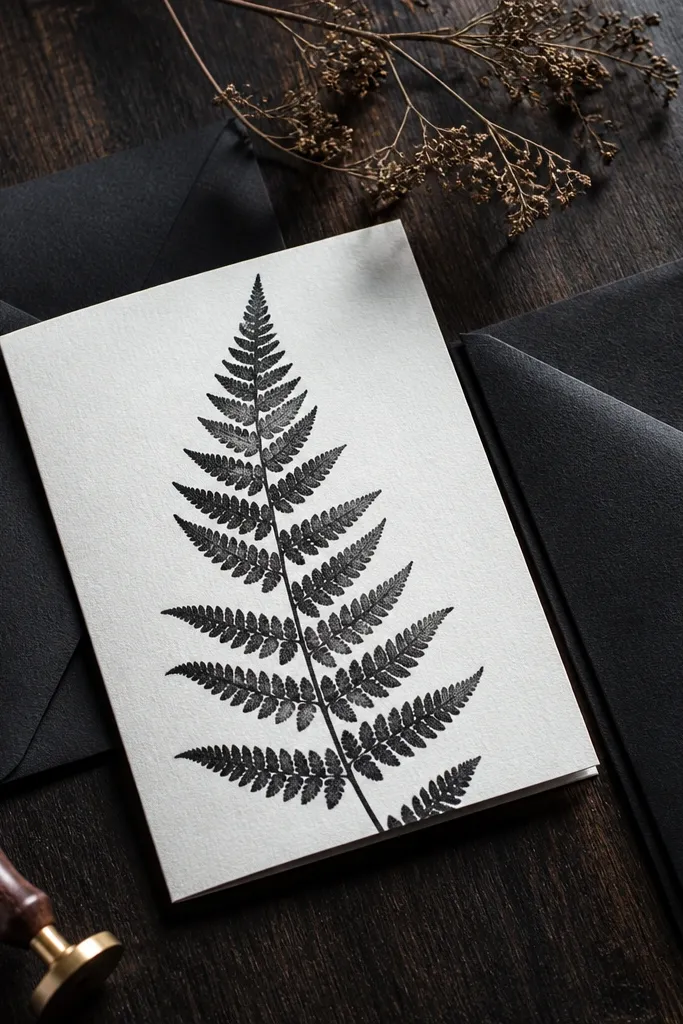Monochrome invitation with a pressed fern silhouette and simple serif text