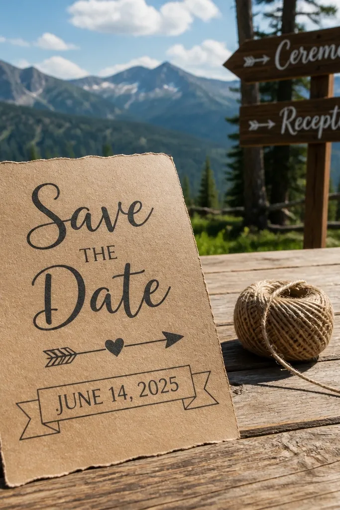 Kraft invitation with arrow accents and a date banner in dark brown