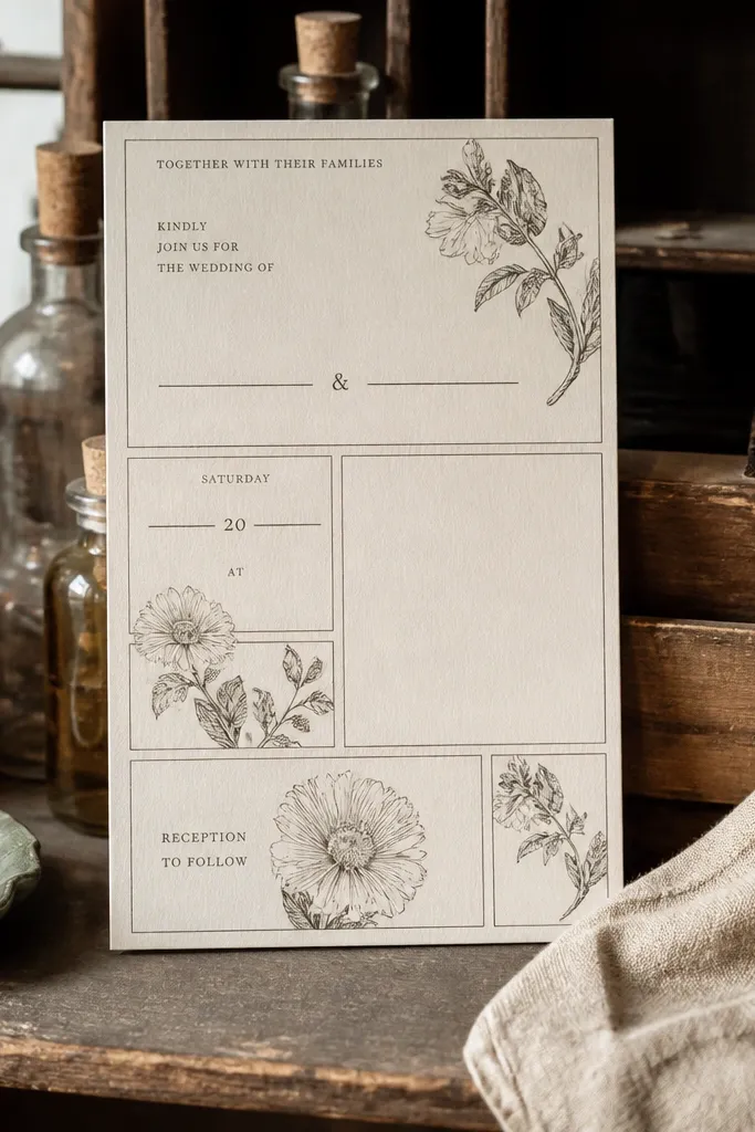 Cream invitation with vintage botanical labels and small serif text