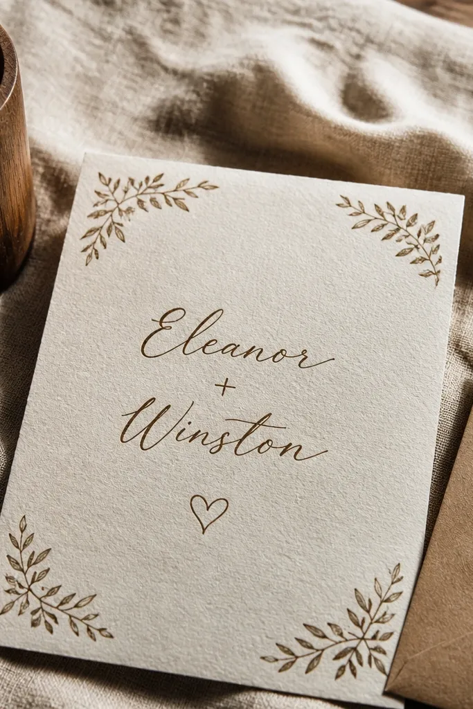 Warm white invitation with handwritten names and small corner leaf doodles