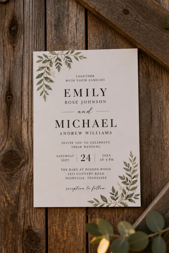 Cream invitation with barn-door style vertical panel and large names