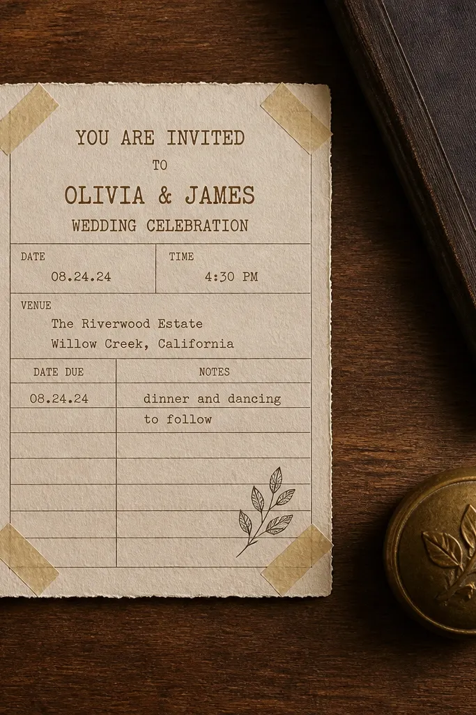 Kraft invitation shaped like a library card with corner tape graphic