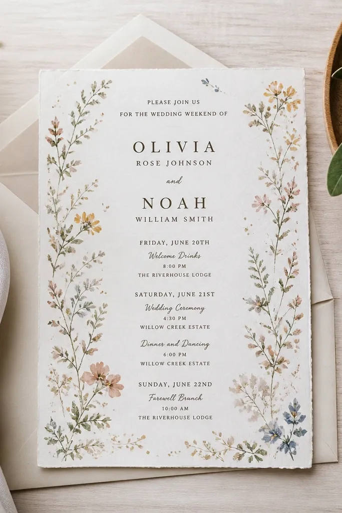 Cream invitation with watercolor wildflower border and brown printed text