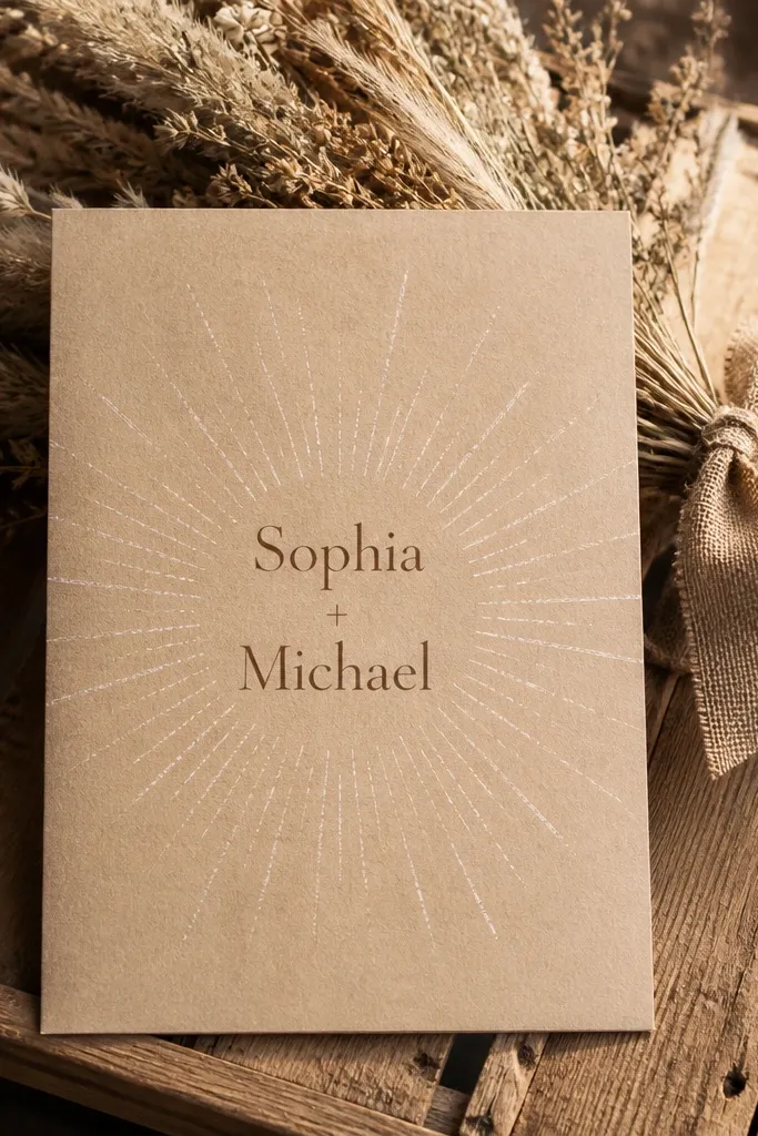 Light cream invitation with thin chalky lines and centered couple names