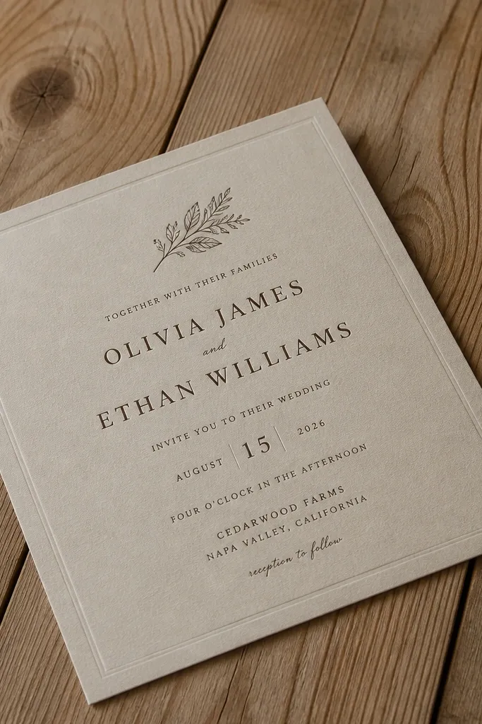 Natural invitation with subtle cedar woodgrain background and minimal serif text