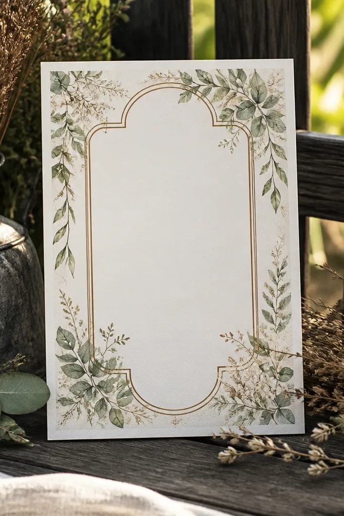 Cream invitation with a rustic frame and overgrown leaf edges around the text