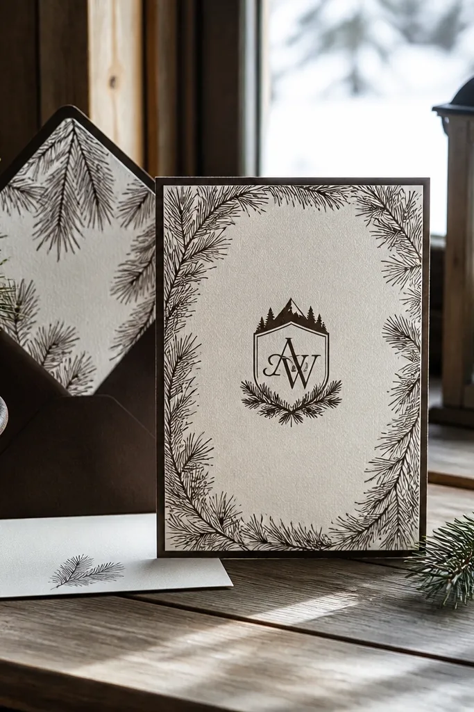 Natural invitation with a monogram crest and pine needle border in dark green