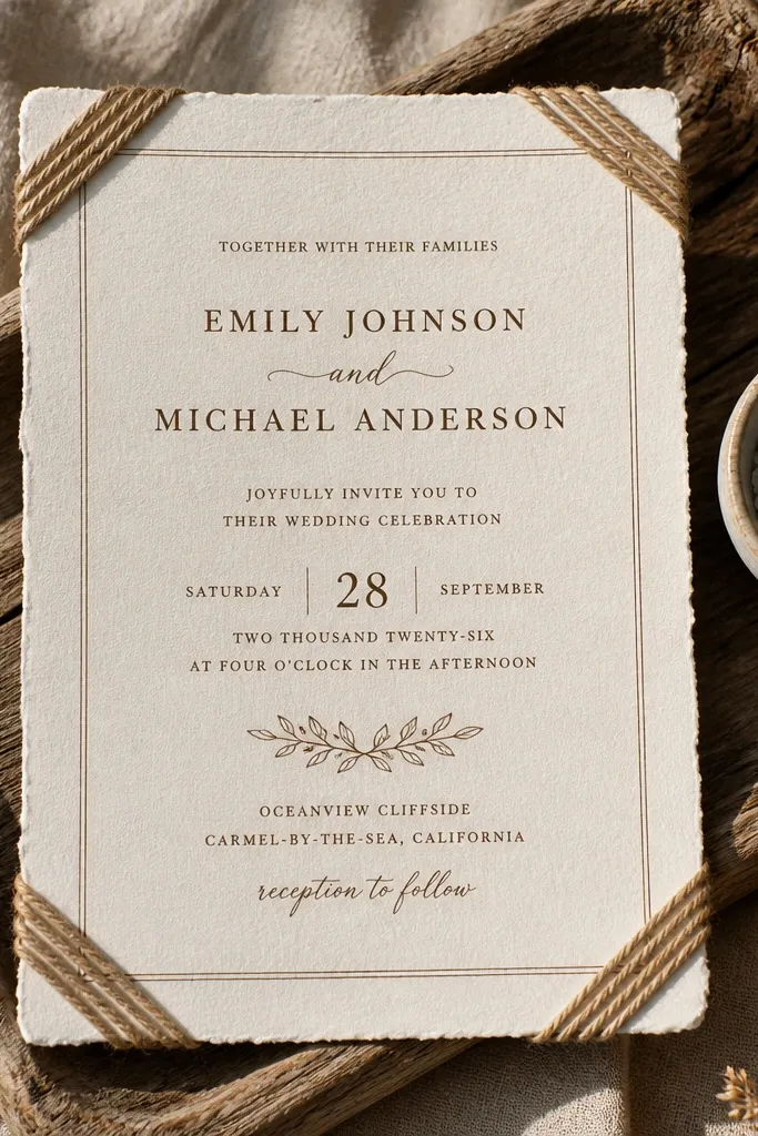 Natural paper invitation with rope-wrapped corner frame and brown text