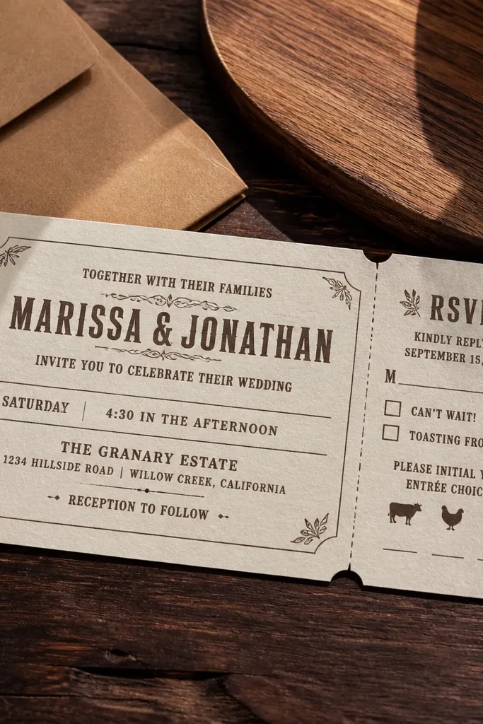 Cream invitation styled like a ticket stub with RSVP cut line marks
