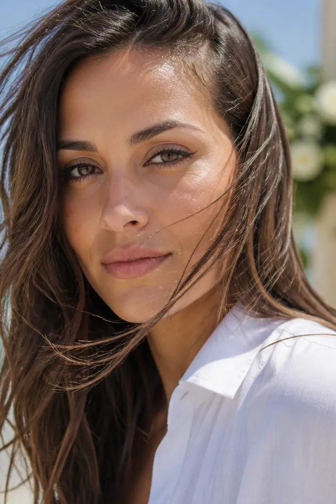 Bronze eyeshadow with a thin cocoa-brown wing and peach cheeks, nude satin lips