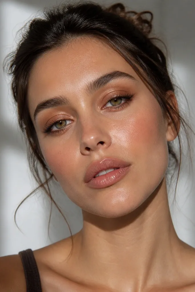 Copper halo eyeshadow, light lash-line liner, warm blush, glossy rose-nude lips