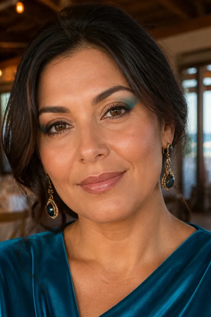 Warm neutral lid with teal V in the outer corner and brown mascara