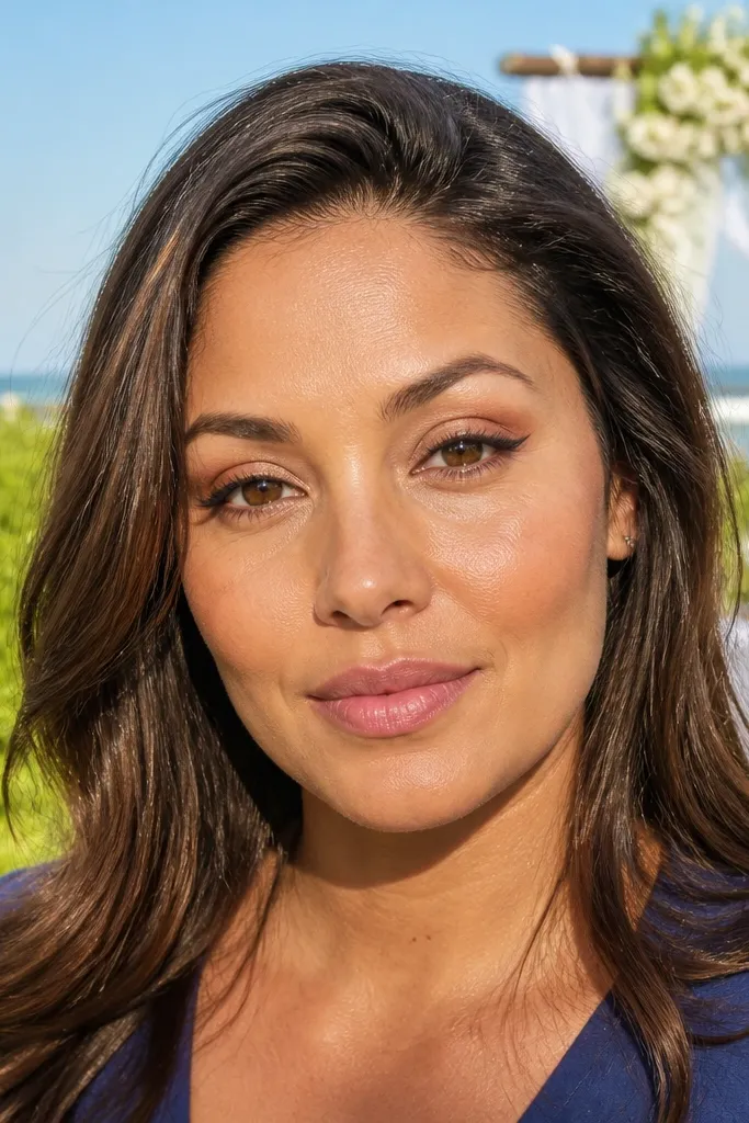 Copper shadow fringe over a thin brown liner and warm peach cheeks