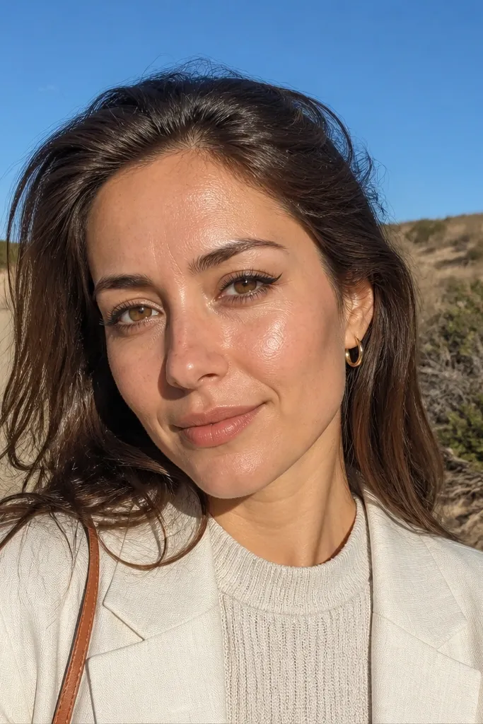 Classic brown wing eyeliner with golden inner tear duct highlight and peach blush