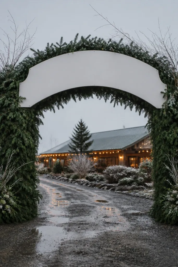 Tall arched welcome sign on an evergreen frame with white flowers