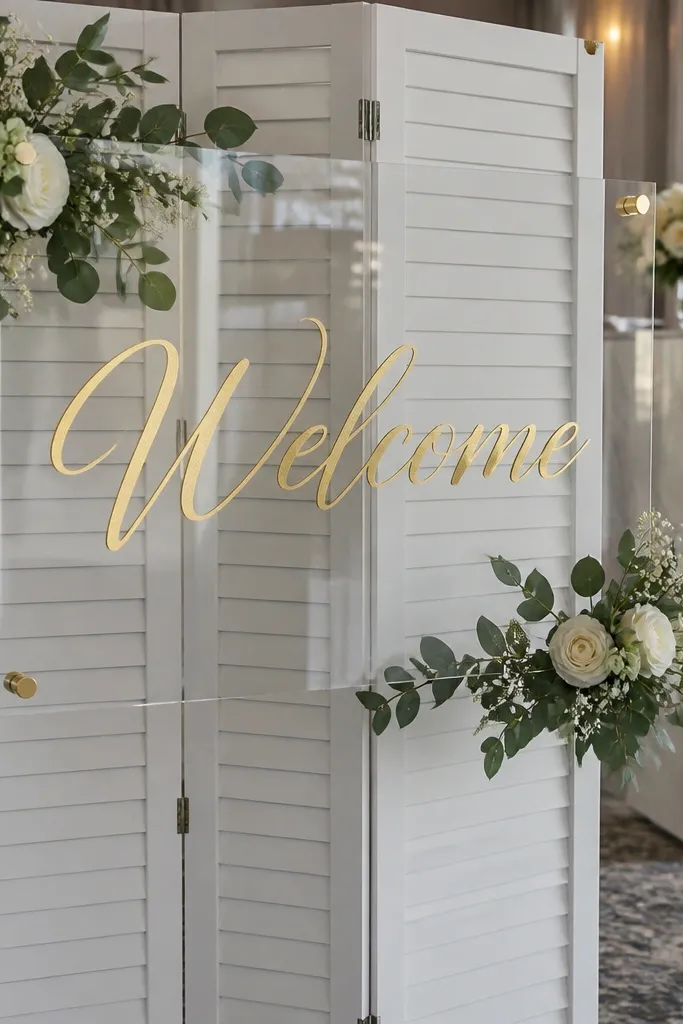 Gold vinyl welcome text on clear acrylic framed by a white screen