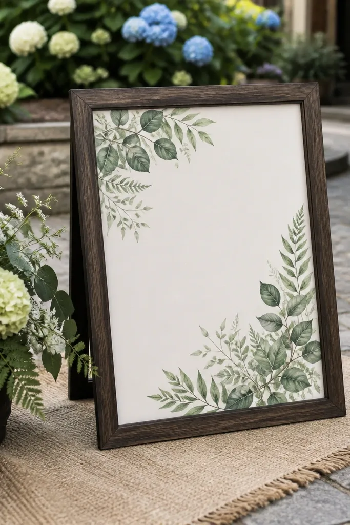 Framed welcome sign with botanical print and linen-textured mat