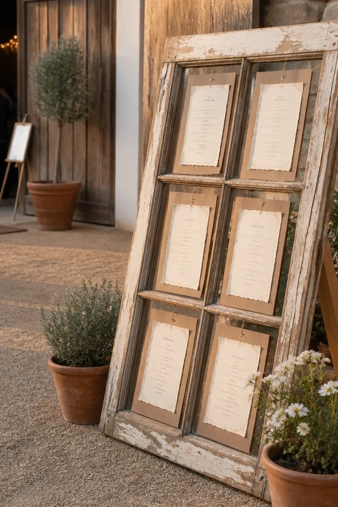 Old window frame welcome sign with layered paper panels and flowers