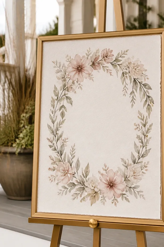 Gold-framed watercolor welcome sign on textured paper