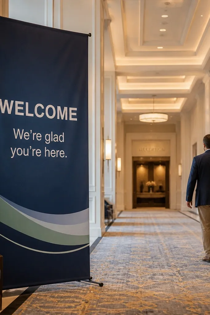 Tall fabric welcome banner on a freestanding stand with minimal design