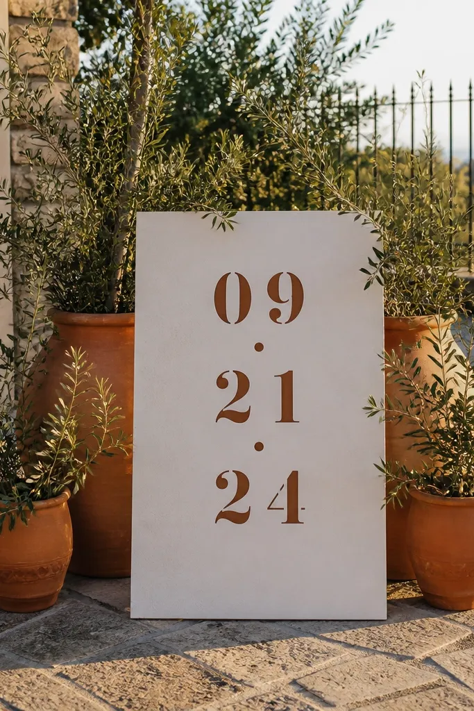 Terracotta pots around a welcome sign with olive greenery and stencil date text