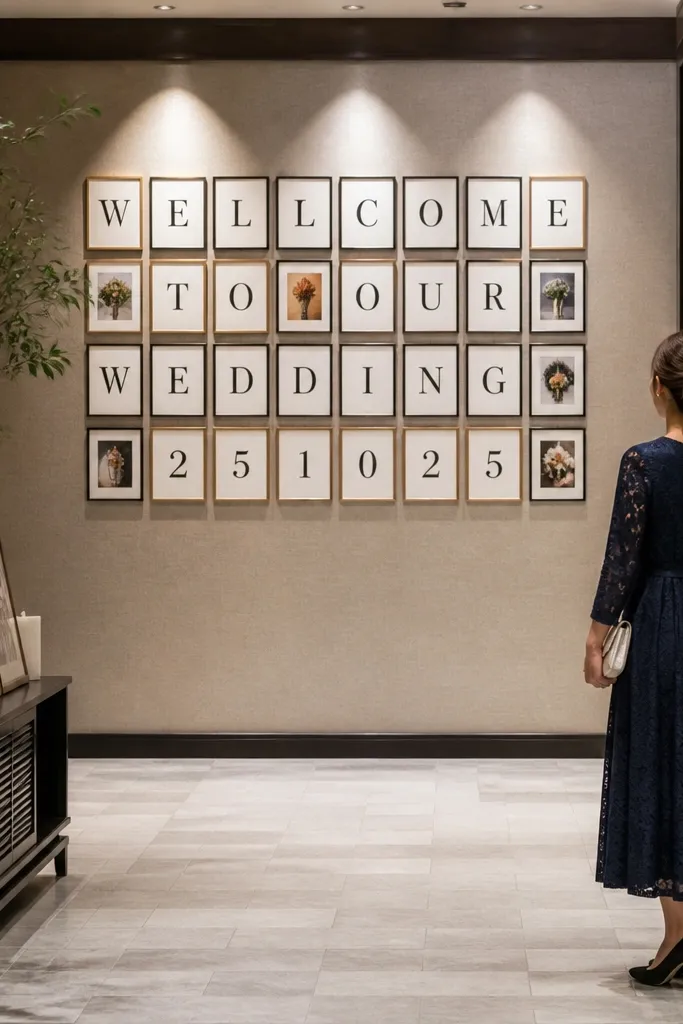 Grid of small framed prints forming a welcome sign with dates