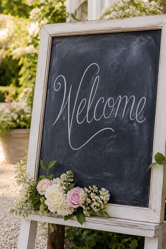 Whitewashed wood board with chalk script welcome and small floral touches