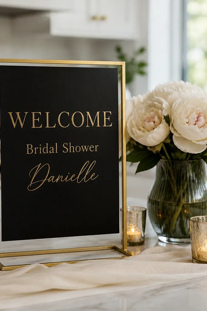 Black and cream welcome sign with thin gold border and large WELCOME text