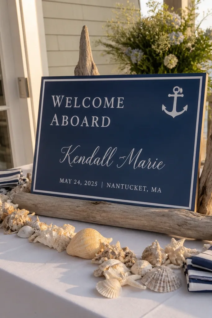 Navy and white welcome aboard sign with small anchor icon and simple typography
