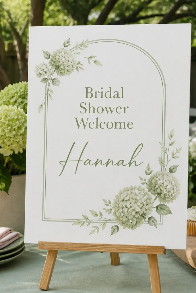Sage green arch frame welcome sign on cream background with bridal shower text
