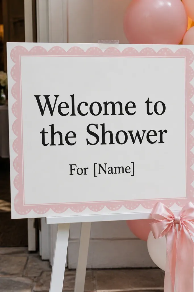 Blush scalloped border welcome sign with bold welcome to the shower text