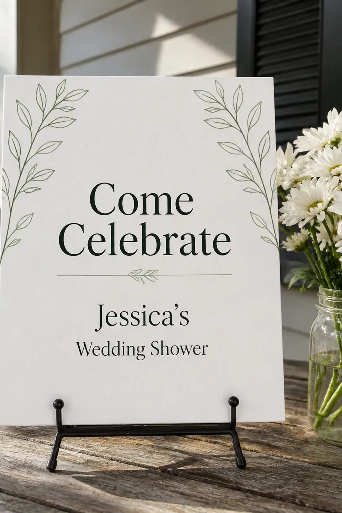 White welcome sign with green leaf line art and Come Celebrate text