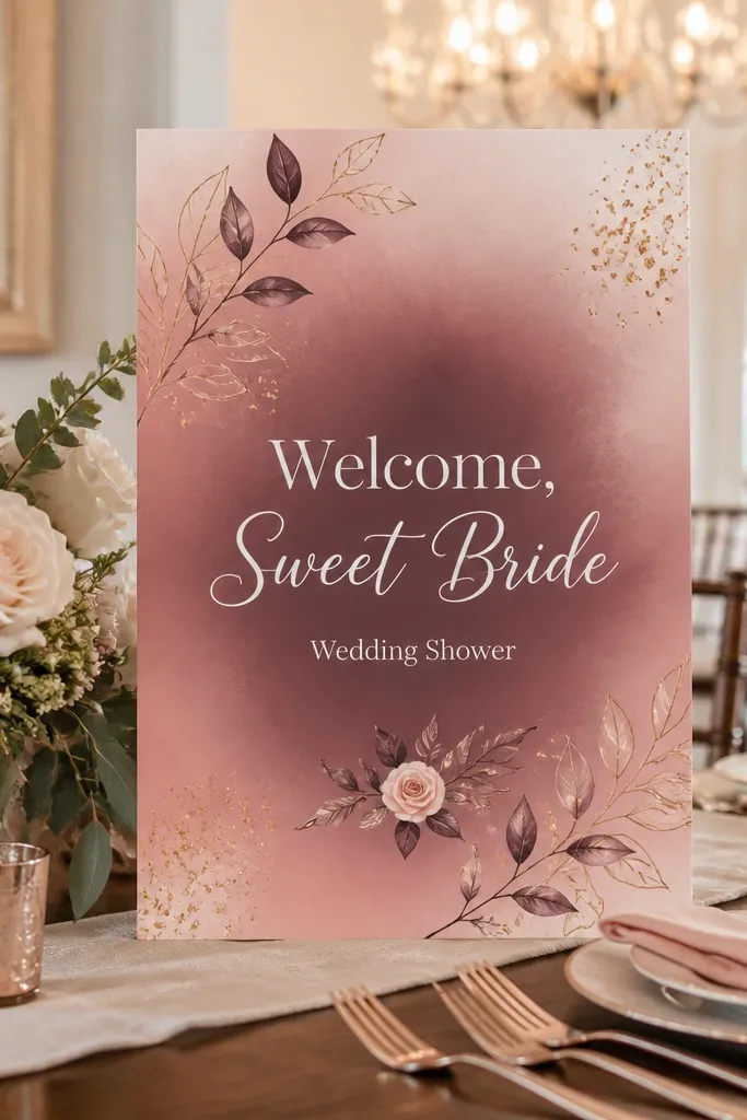 Dusty rose gradient welcome sign with Welcome Sweet Bride text